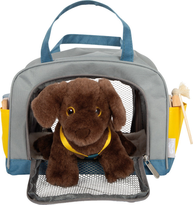 dog with bag and grooming set