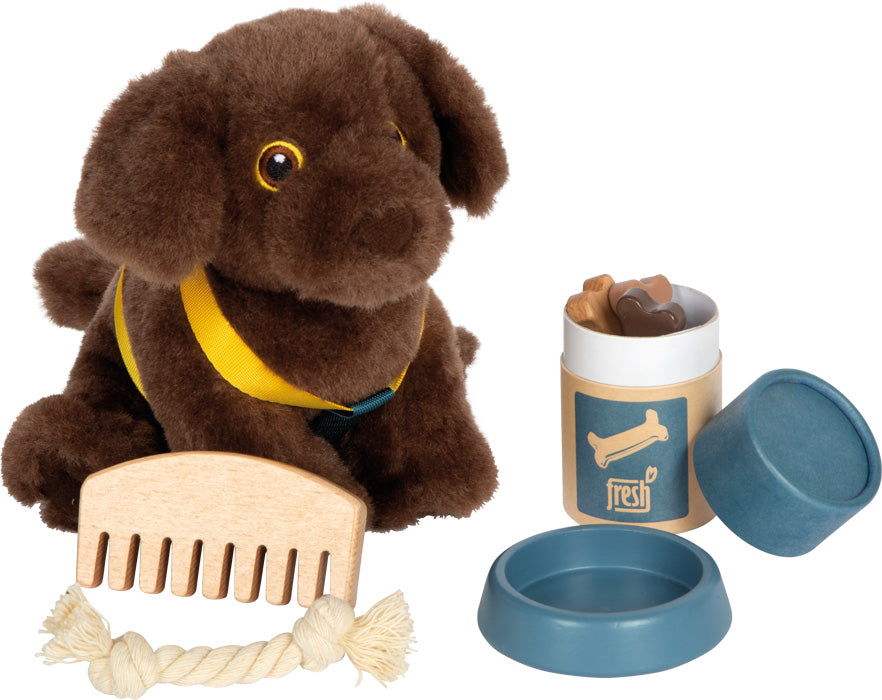 dog with bag and grooming set