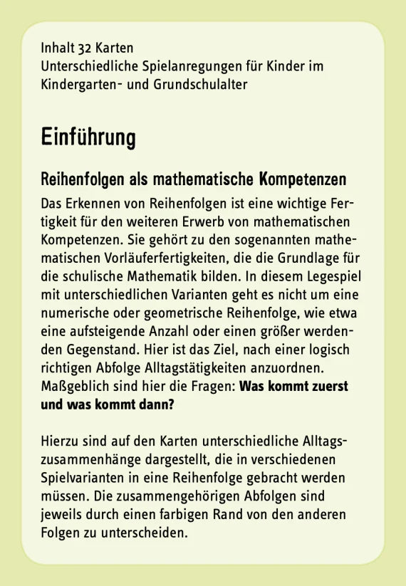 Was kommt zuerst? Denk- und Legespiele mit 32 Karten für Kinder von 3 bis 8