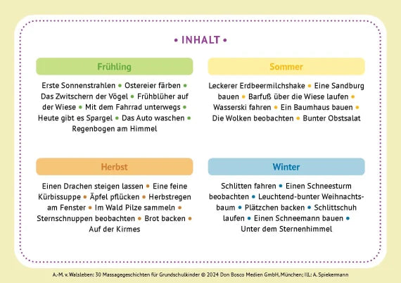 30 Massagegeschichten für Grundschulkinder - Entspannung im Frühling, Sommer, Herbst und Winter. Bildkarten für Kinder von 6 bis 10