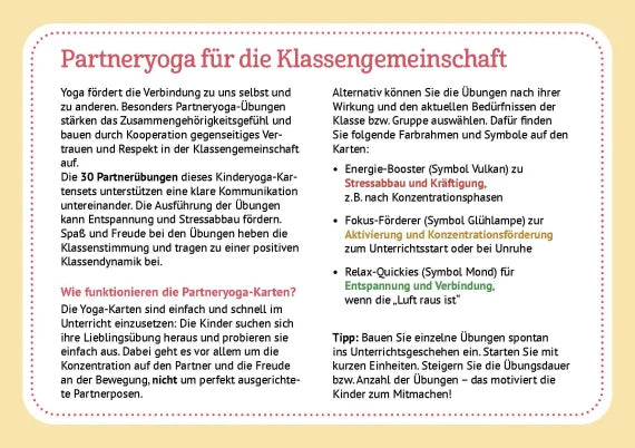30 Kinderyoga-Partnerübungen für Grundschul-Kinder - Bildkarten für Bewegung, Entspannung und Konzentration in Klassenzimmer und Gruppenraum